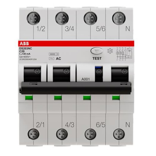 Дифференциальный автомат ABB DS203NC C20А 30mA тип АС 3P+N трехфазный электромеханический 6кА (дифавтомат, АВДТ) 2CSR256040R1204