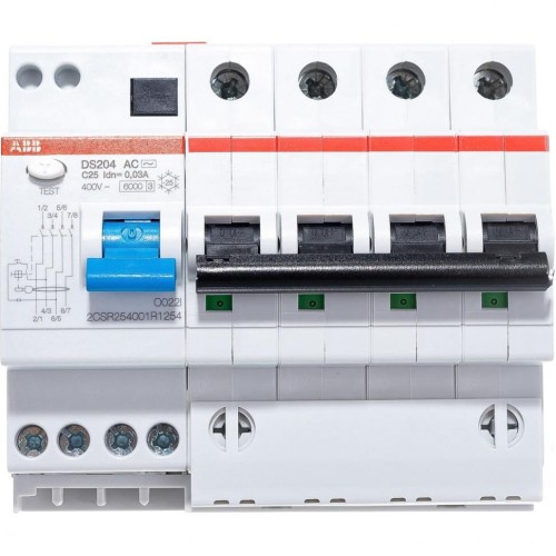 DS204 AC-C25/0,03 Дифференциальный автомат 4-полюс. 25A 30mA, тип АC, 6kA, (хар-ка C) ABB 2CSR254001R1254