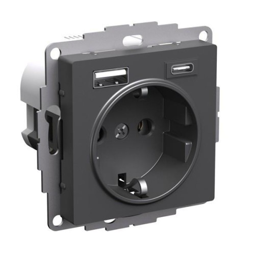 ATLASDESIGN РОЗЕТКА 16А с 2 USB A+C, 5В/2,4А/3,0А, 2х5В/1,5А, механизм, БАЗАЛЬТ, ATN001432