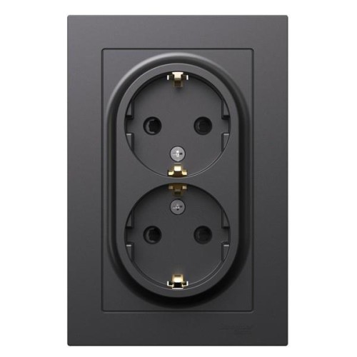 ATLASDESIGN РОЗЕТКА двойная с заземлением со шторками, 16А, в сборе, БАЗАЛЬТ, ATN001426
