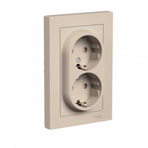 ATLASDESIGN РОЗЕТКА двойная с заземлением со шторками, 16А, в сборе, ПЕСОЧНЫЙ, ATN001226