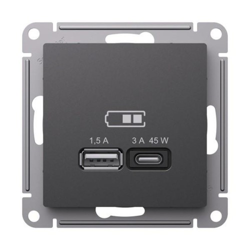 ATLASDESIGN USB РОЗЕТКА A + тип-C 45Вт высокоскор.заряд. QC, PD, механизм, БАЗАЛЬТ, ATN001429