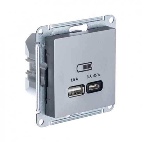 ATLASDESIGN USB РОЗЕТКА A + тип-C 45W высокоскор.заряд. QC, PD, механизм, СТАЛЬ, ATN000929