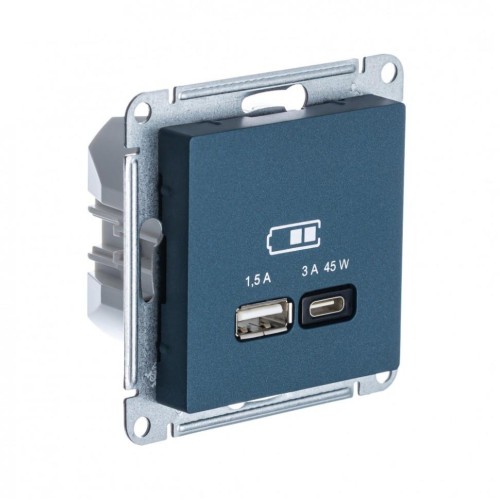 ATLASDESIGN USB РОЗЕТКА A + тип-C 45W высокоскор.заряд. QC,PD, механизм, ИЗУМРУД, ATN000829