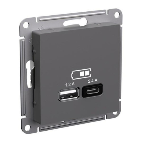 ATLASDESIGN USB РОЗЕТКА А+С, 5В/2,4 А, 2х5В/1,2 А, механизм, БАЗАЛЬТ, ATN001439