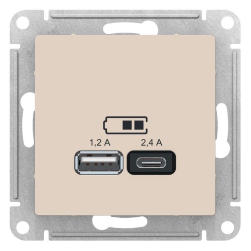 ATLASDESIGN USB розетка A+С, 5В/2,4А, 2х5В/1,2А, бежевый, ATN000239