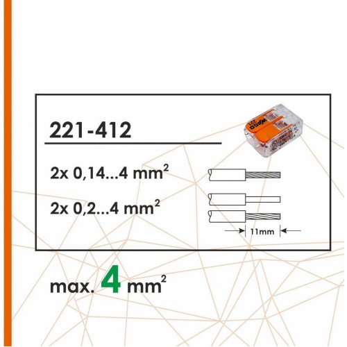 Клеммник WAGO 2 (одножильных или многожильных) х 0,08-4 мм 32A Cu [уп. 100шт] 221-412