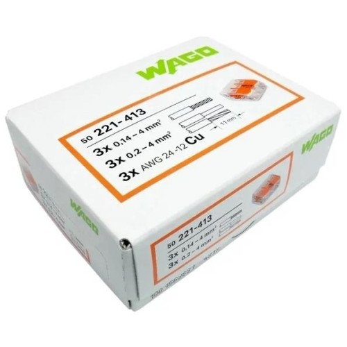 Клеммник WAGO 3 (одножильных или многожильных) х 0,08-4 мм 32A Cu [уп. 50шт] 221-413