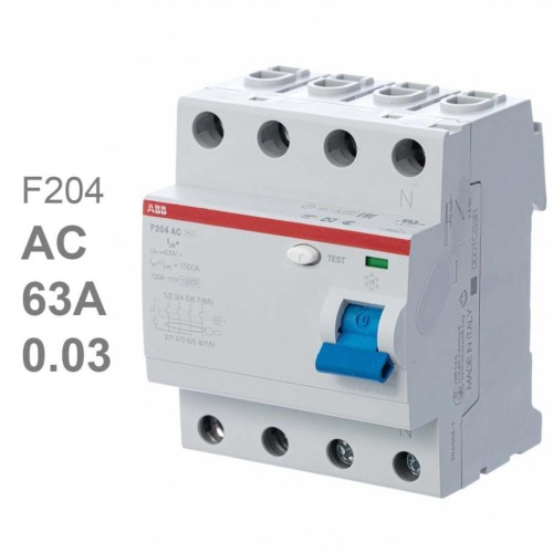 УЗО ABB F204 AC-63/0,03 4-х полюсное тип AC 63A 30mA 4 модуля (ВДТ) 2CSF204001R1630