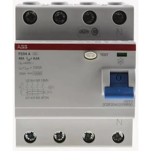 УЗО ABB F204 AC-63/0,1 4-х полюсное тип AC 63A 100mA 4 модуля (ВДТ) 2CSF204001R2630